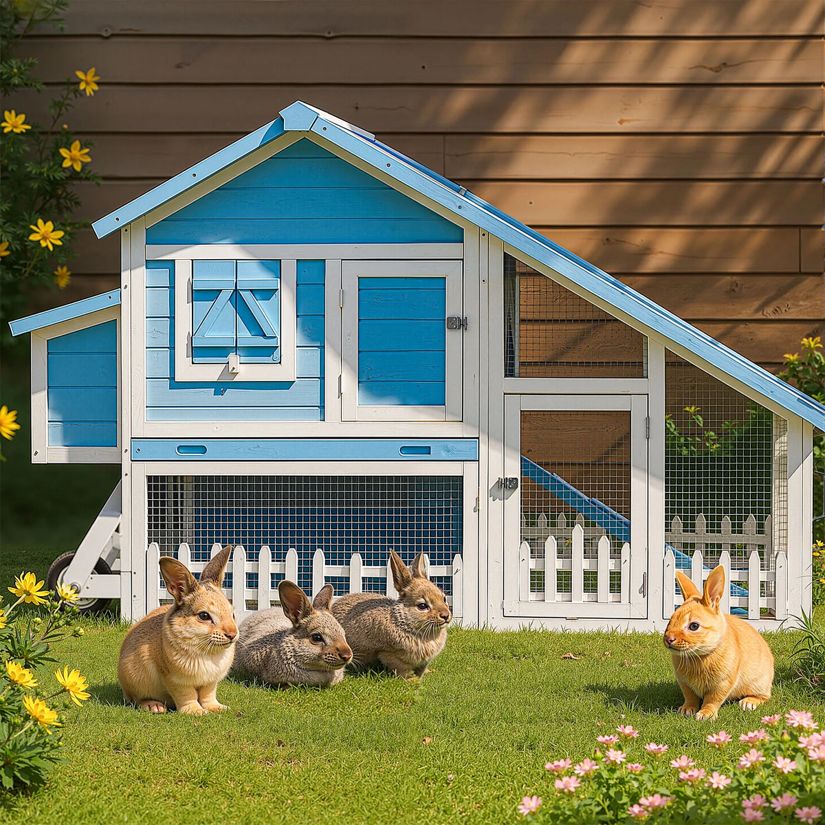 Outdoor Wheeled Double Decker Wooden Rabbit Hutch With Secure Fence
