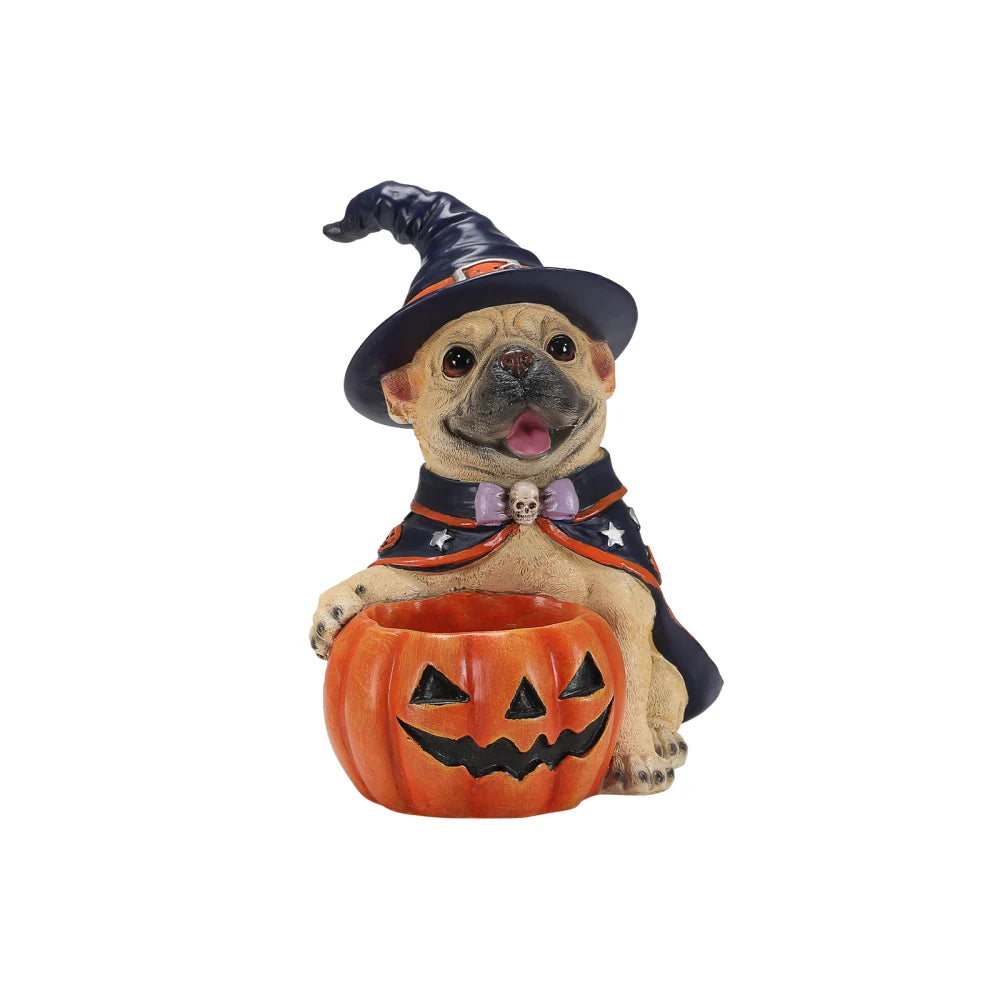 Halloween French Bulldog Witch Figurine With Pumpkin Candy Bowl Decor