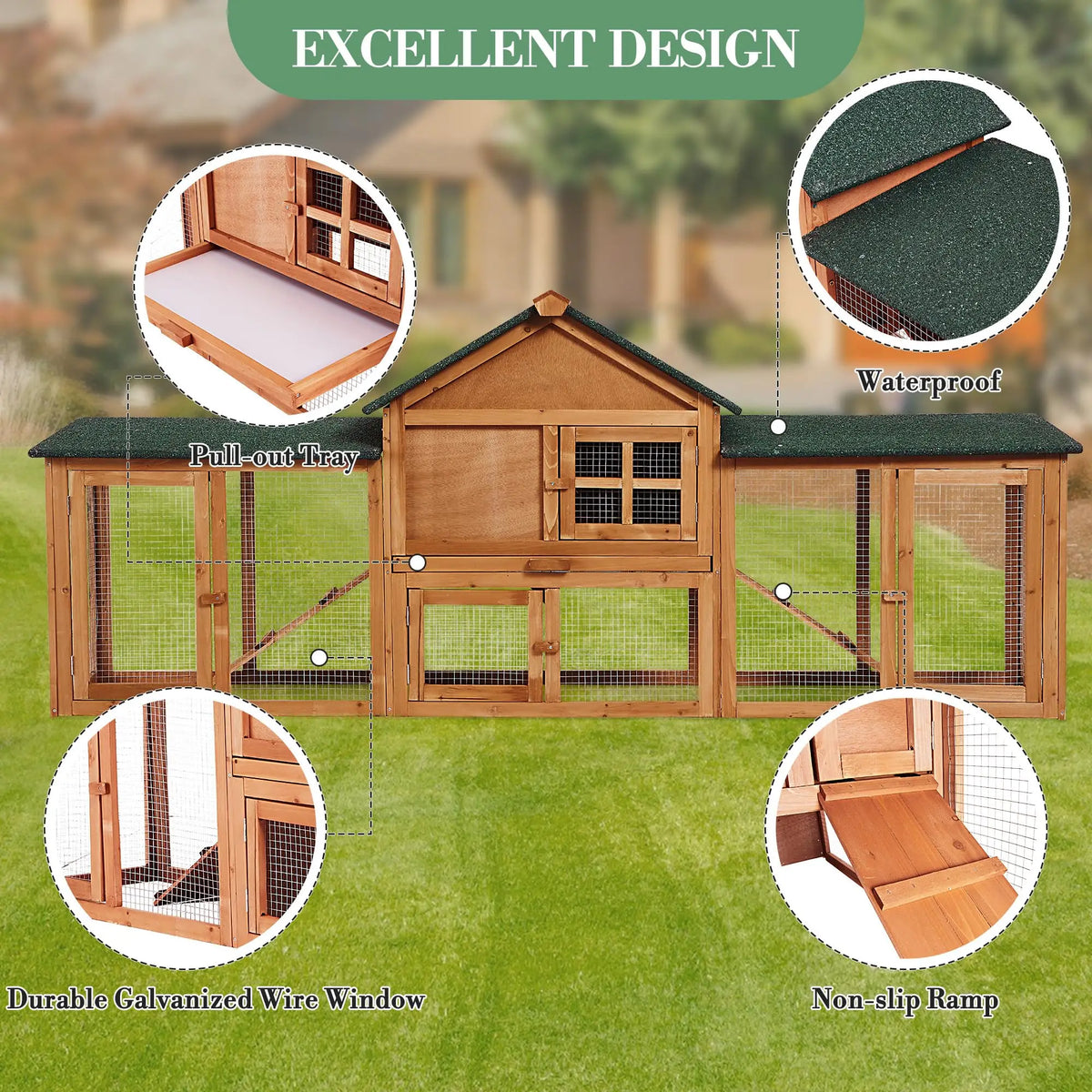 HiMISS Outdoor Rabbit Hutch With Double Runs And Cleaning Tray