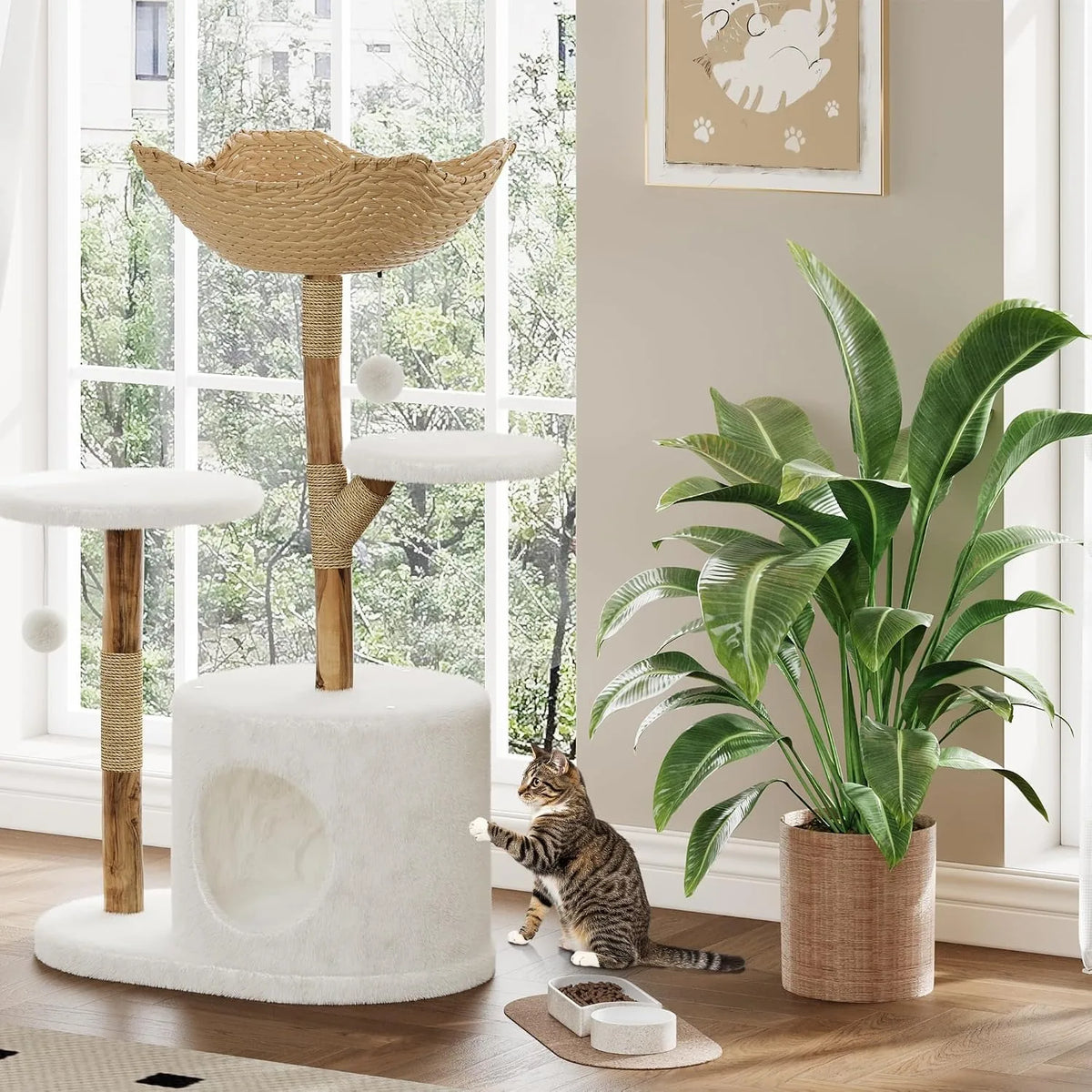 Wooden Cat Tree Tower With Rattan Multi Level Activity Center