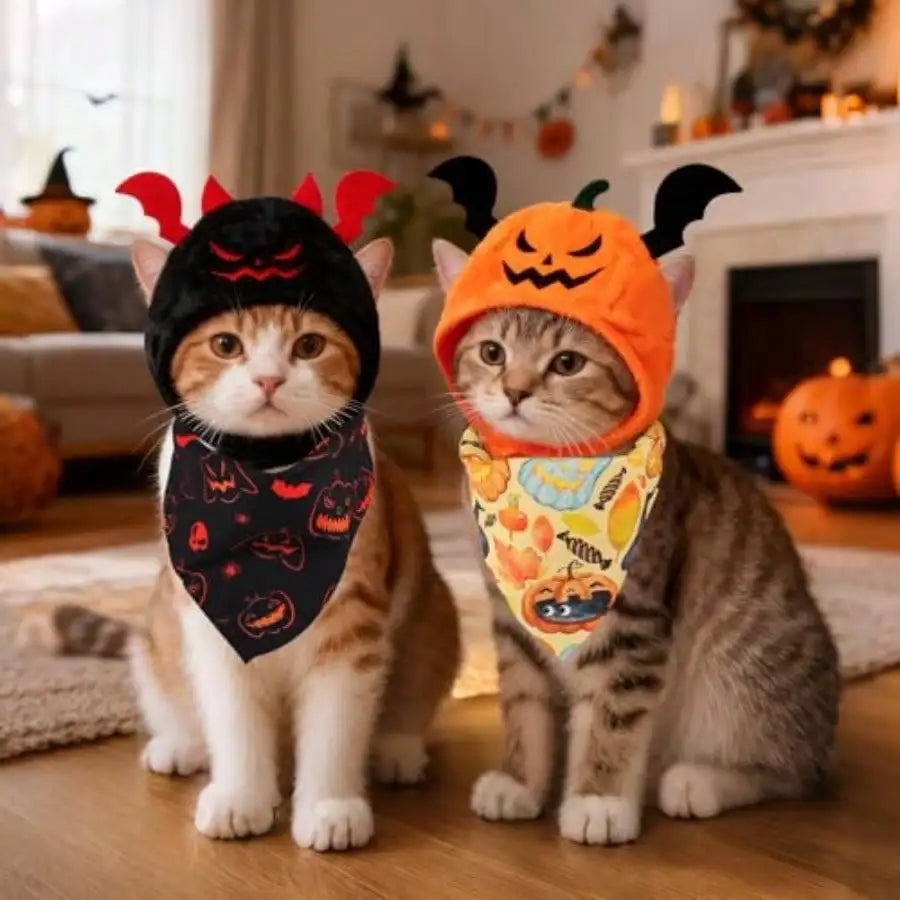 Halloween Cat Costume Set With Pumpkin, Bat, And Festive Scarves