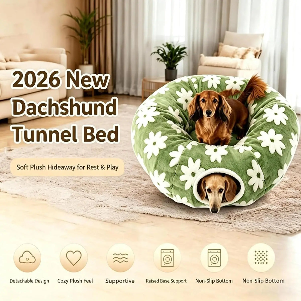 Plush Flower Design Foldable Dachshund Tunnel Bed For Dogs