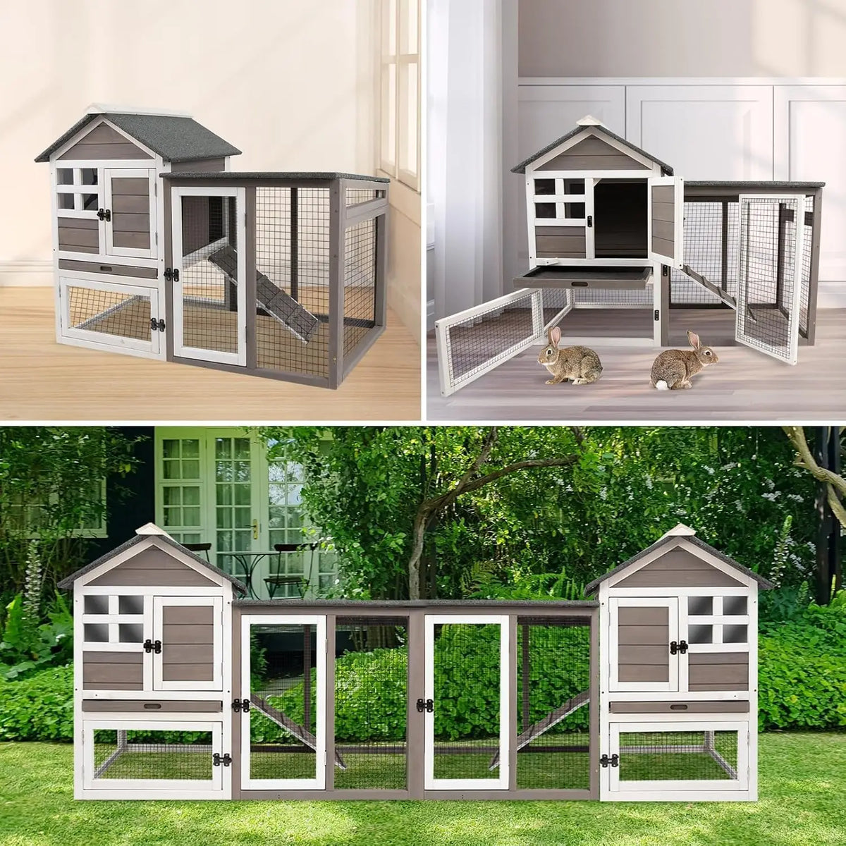 HiMISS Wooden Rabbit Hutch With Run And Removable Tray