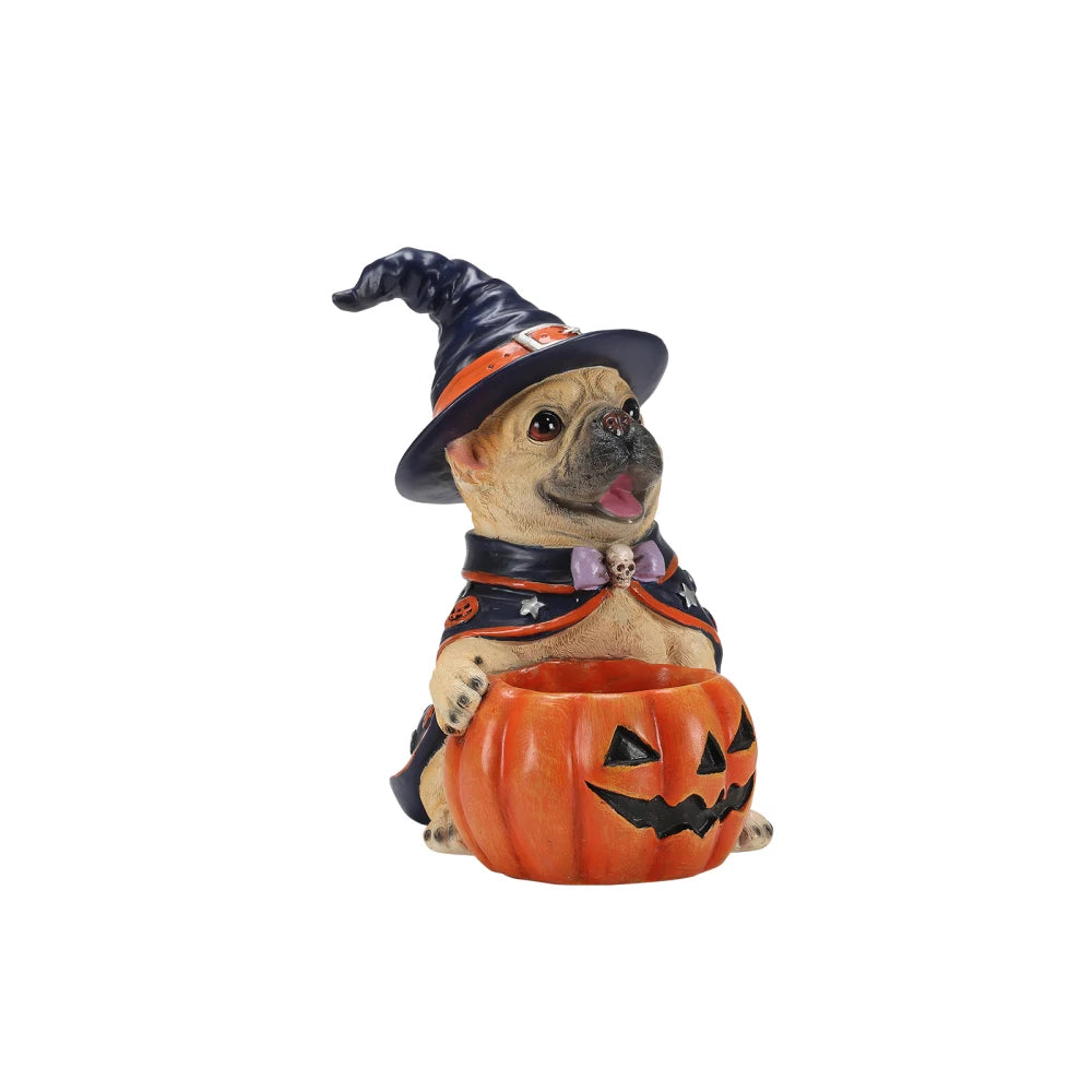 Halloween French Bulldog Witch Figurine With Pumpkin Candy Bowl Decor