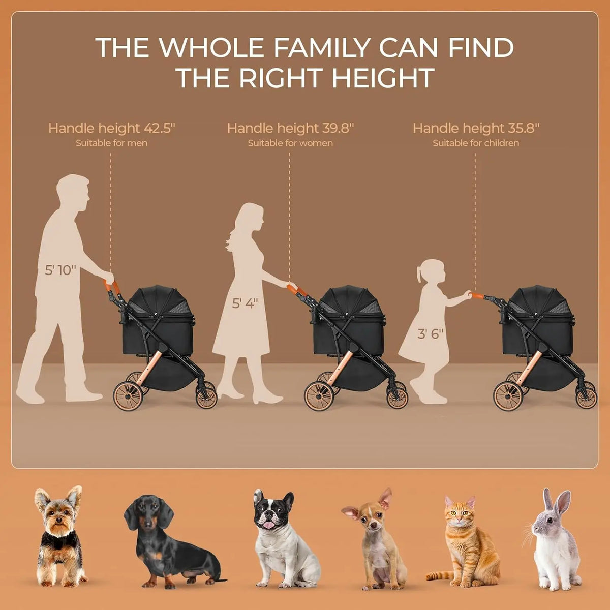Foldable Pet Stroller with Adjustable Handle and Sun Shade
