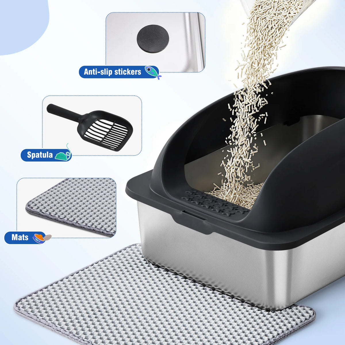 Stainless Steel Covered Cat Litter Box with Scoop and Mat