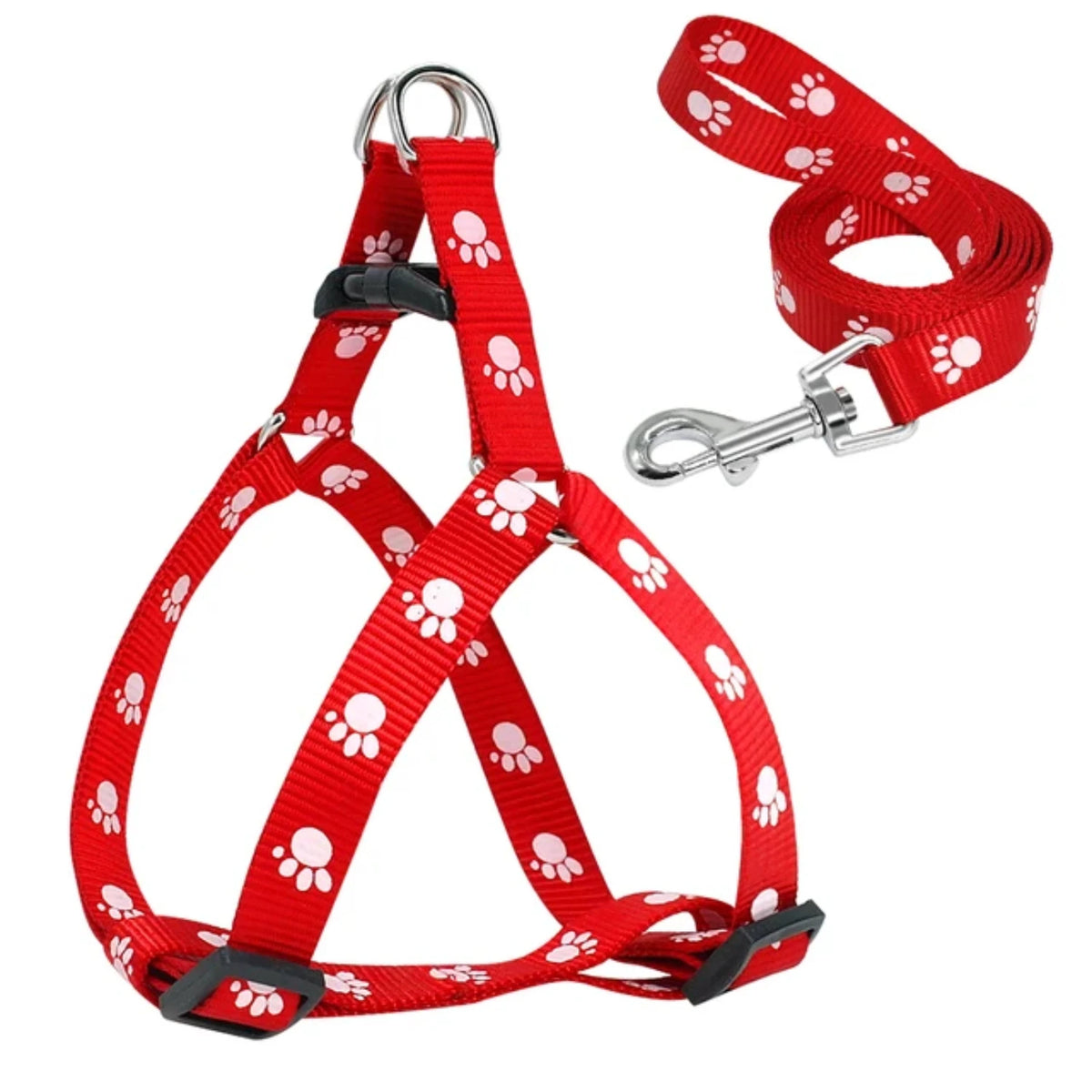 Adjustable Paw Print Nylon Dog Harness and Leash Set for Walking