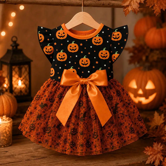 Halloween Pumpkin Print Dog Dress With Bow For Comfortable Wear All Seasons