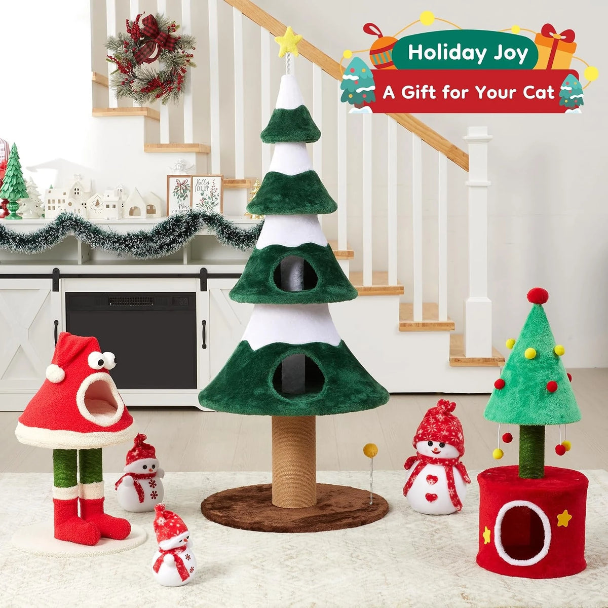 Christmas Cat Tree Tower With Sisal Posts And Cozy Perch