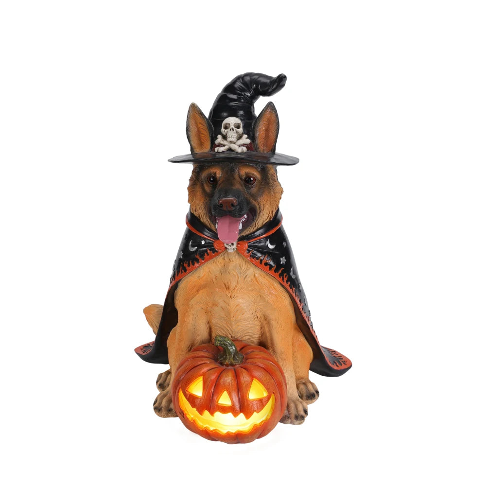 Halloween German Shepherd Statue With Witch Hat And LED Pumpkin