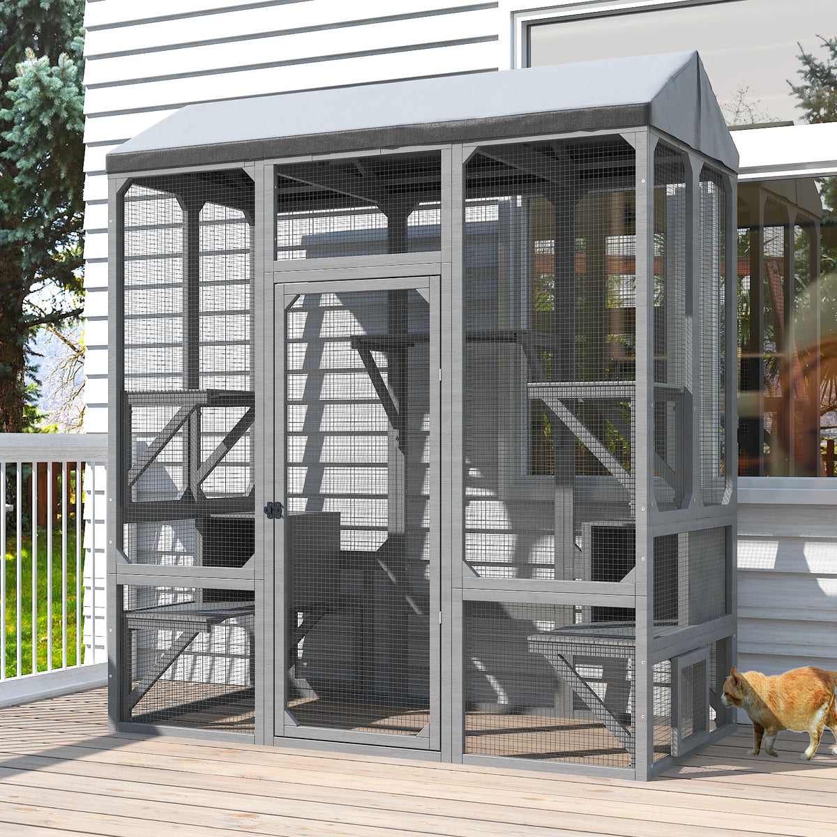 Outdoor Cat Catio Enclosure With Waterproof Cover And Resting Platforms