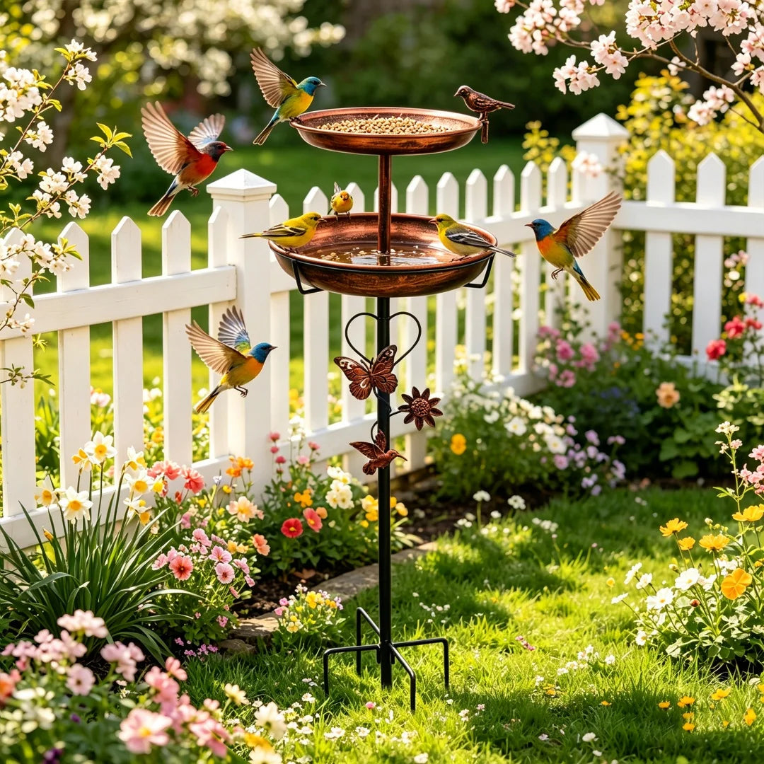 Freestanding Double Bowl Bird Bath and Feeder for Garden Decor