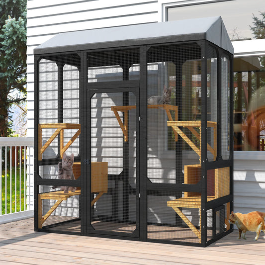 Outdoor Cat Catio Enclosure With Waterproof Cover And Resting Platforms