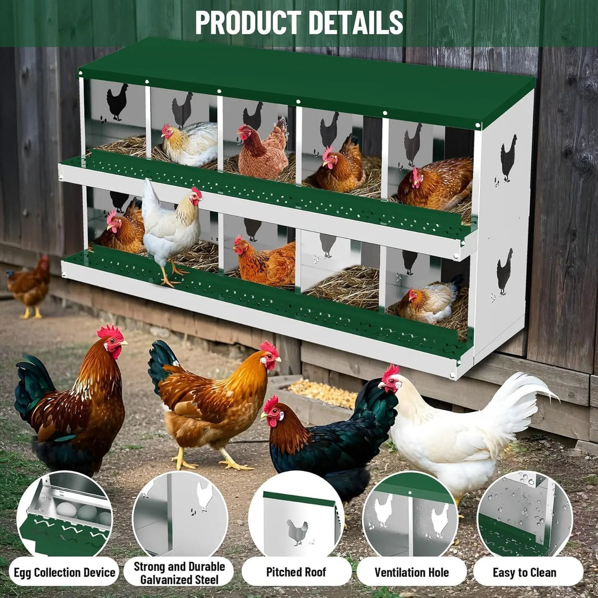 HiMISS Galvanized Steel Chicken Nesting Boxes With Rollout Egg Collection