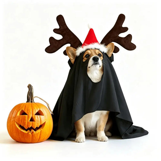 Halloween Ghost Pet Cape And Reindeer Antlers Costume Set