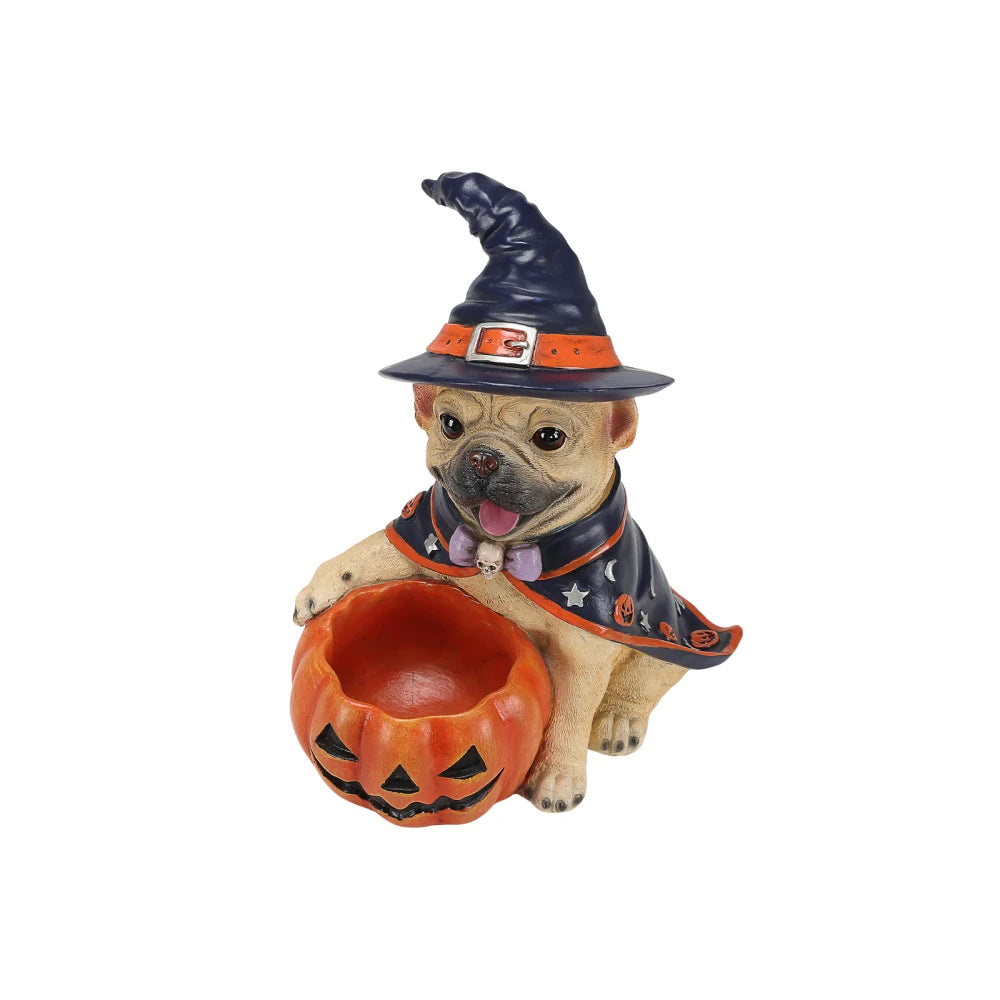 Halloween French Bulldog Witch Figurine With Pumpkin Candy Bowl Decor