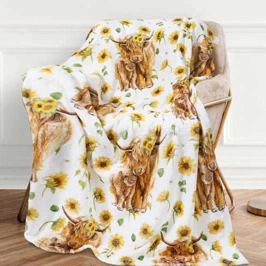 Highland Cow Watercolor Sunflower Flannel Throw Blanket for Farmhouse Decor