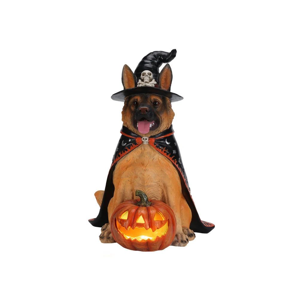 Halloween German Shepherd Statue With Witch Hat And LED Pumpkin