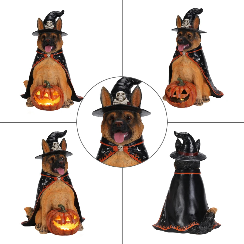 Halloween German Shepherd Statue With Witch Hat And LED Pumpkin