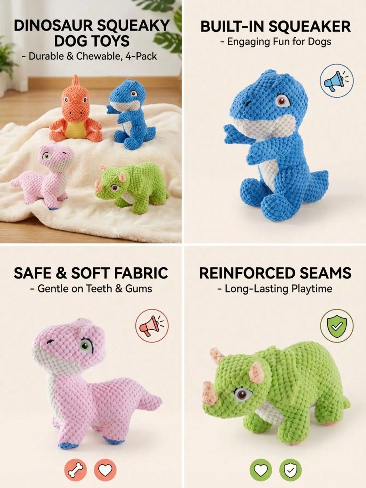 Cute Dinosaur Squeaky Dog Toy With Interactive BB Sound