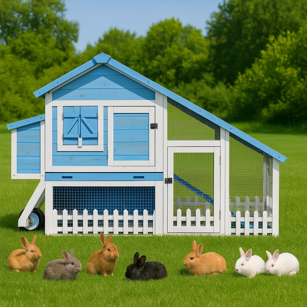 Outdoor Wheeled Double Decker Wooden Rabbit Hutch With Secure Fence