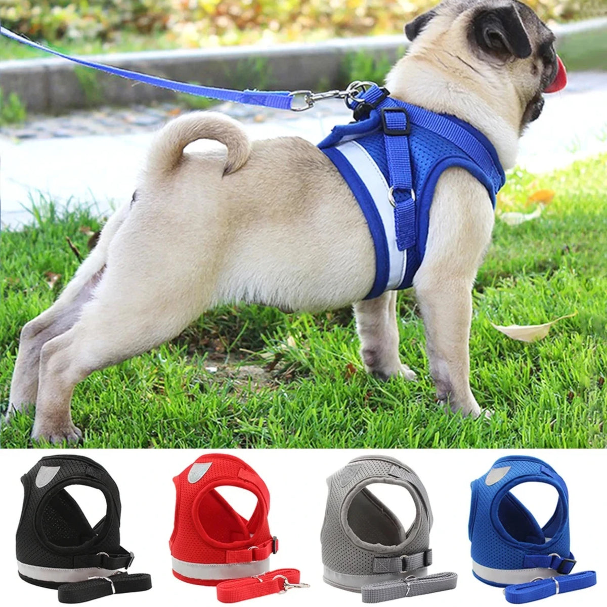 Adjustable Reflective Mesh Dog Harness Vest With Leash