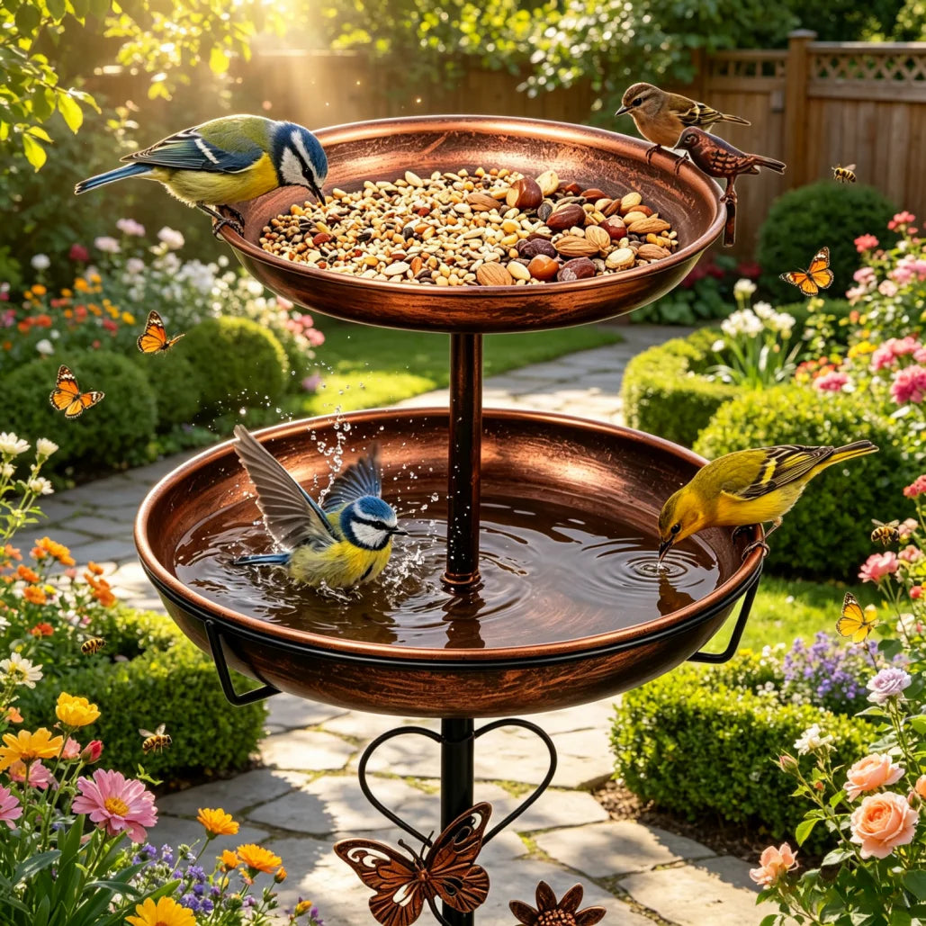 Freestanding Double Bowl Bird Bath and Feeder for Garden Decor