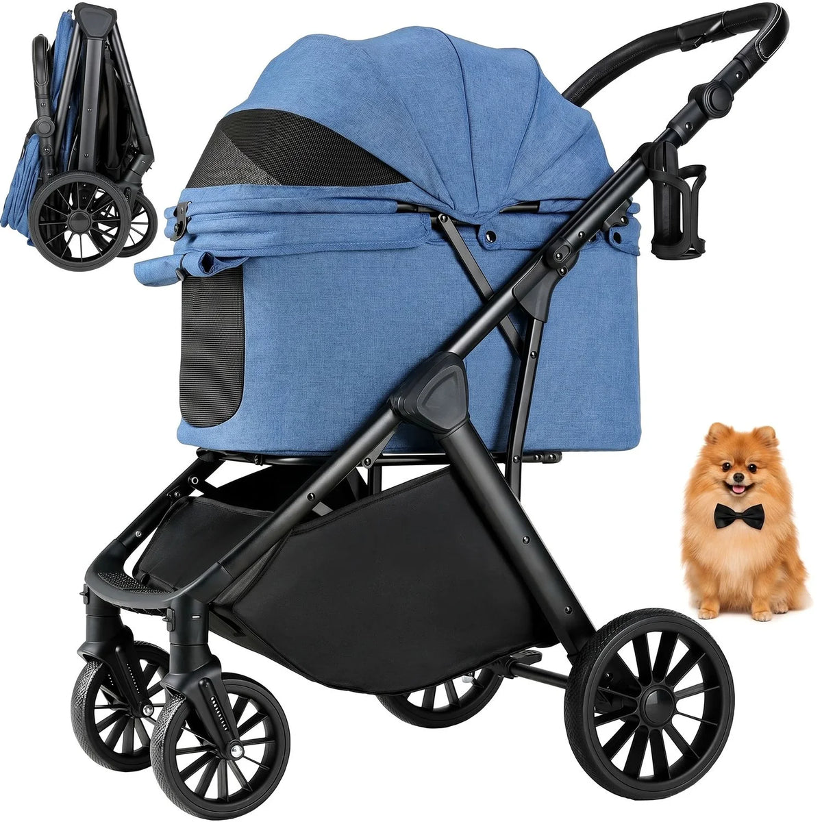 Foldable Pet Stroller with Adjustable Handle and Sun Shade