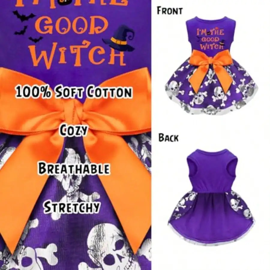 Funny Dog Halloween Costume Dress With Bow Pumpkin Witch Bat Outfit