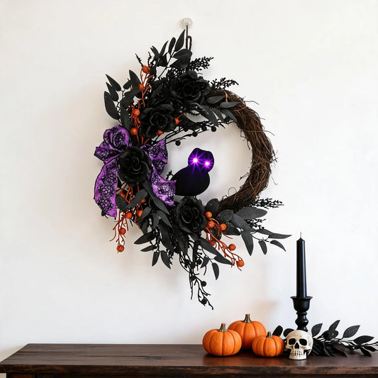 Prelit Halloween Owl Wreath With Glowing Eyes For Door Decor