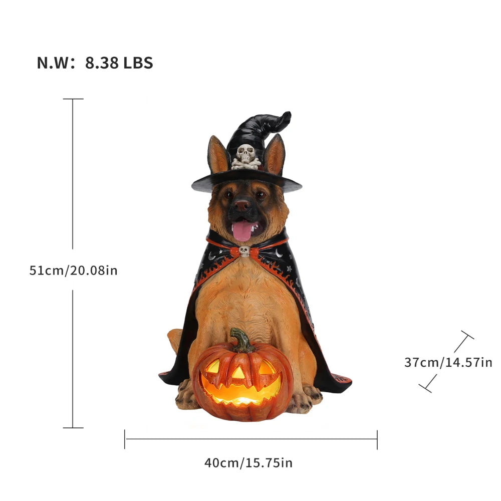 Halloween German Shepherd Statue With Witch Hat And LED Pumpkin