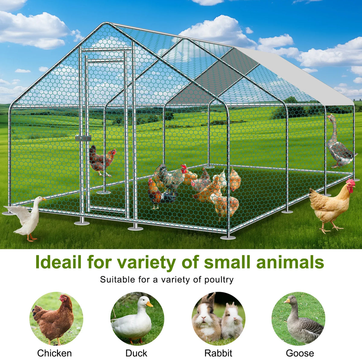 Heavy Duty Galvanized Metal Chicken Coop Run With Weather Resistant Roof