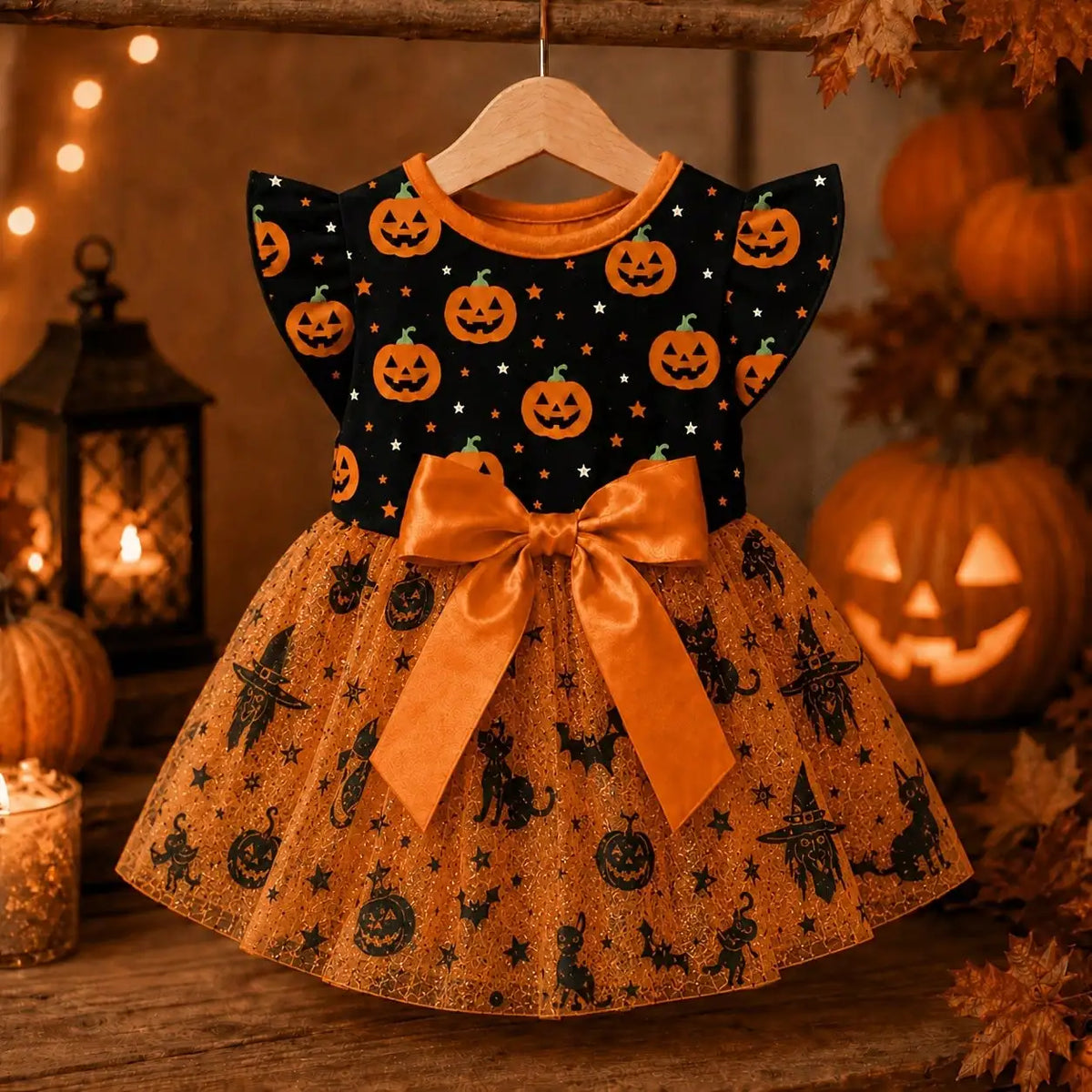 Halloween Pumpkin Print Dog Dress With Bow For Comfortable Wear All Seasons