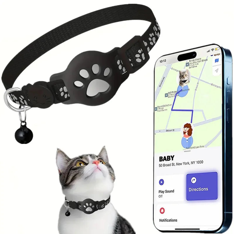 Reflective AirTag Cat Collar With Paw Pattern Quick Release Buckle