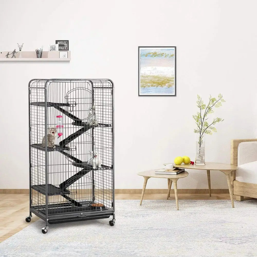 Six-Level Metal Small Animal Cage With Feeder and Wheels For Ferrets Rabbits and Chinchillas