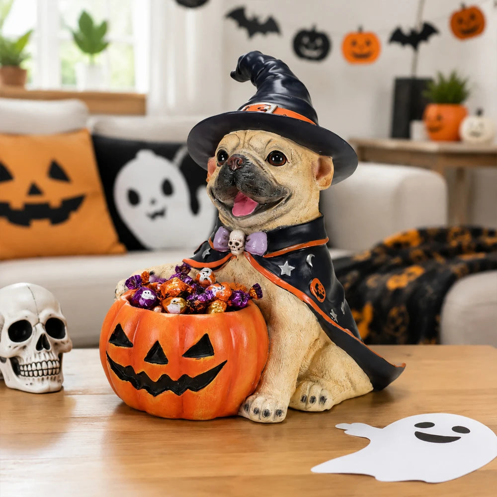 Halloween French Bulldog Witch Figurine With Pumpkin Candy Bowl Decor