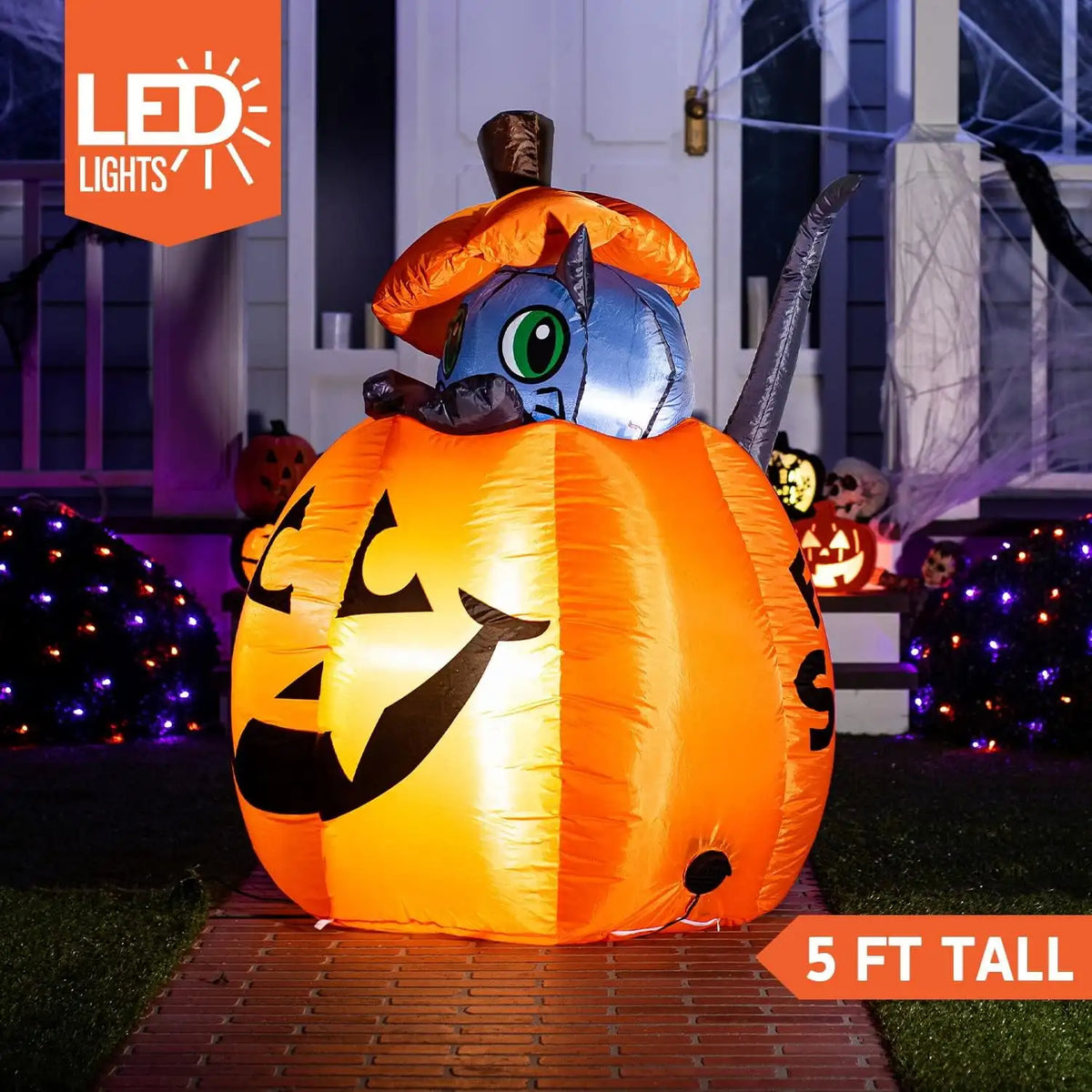 Joyfy Animated Cat On Pumpkin Halloween Inflatable Yard Decoration
