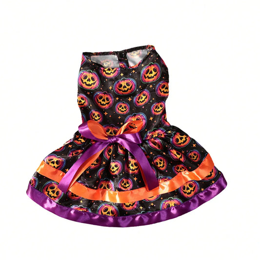Funny Halloween Pumpkin and Skull Print Dog Dress with Bowknot