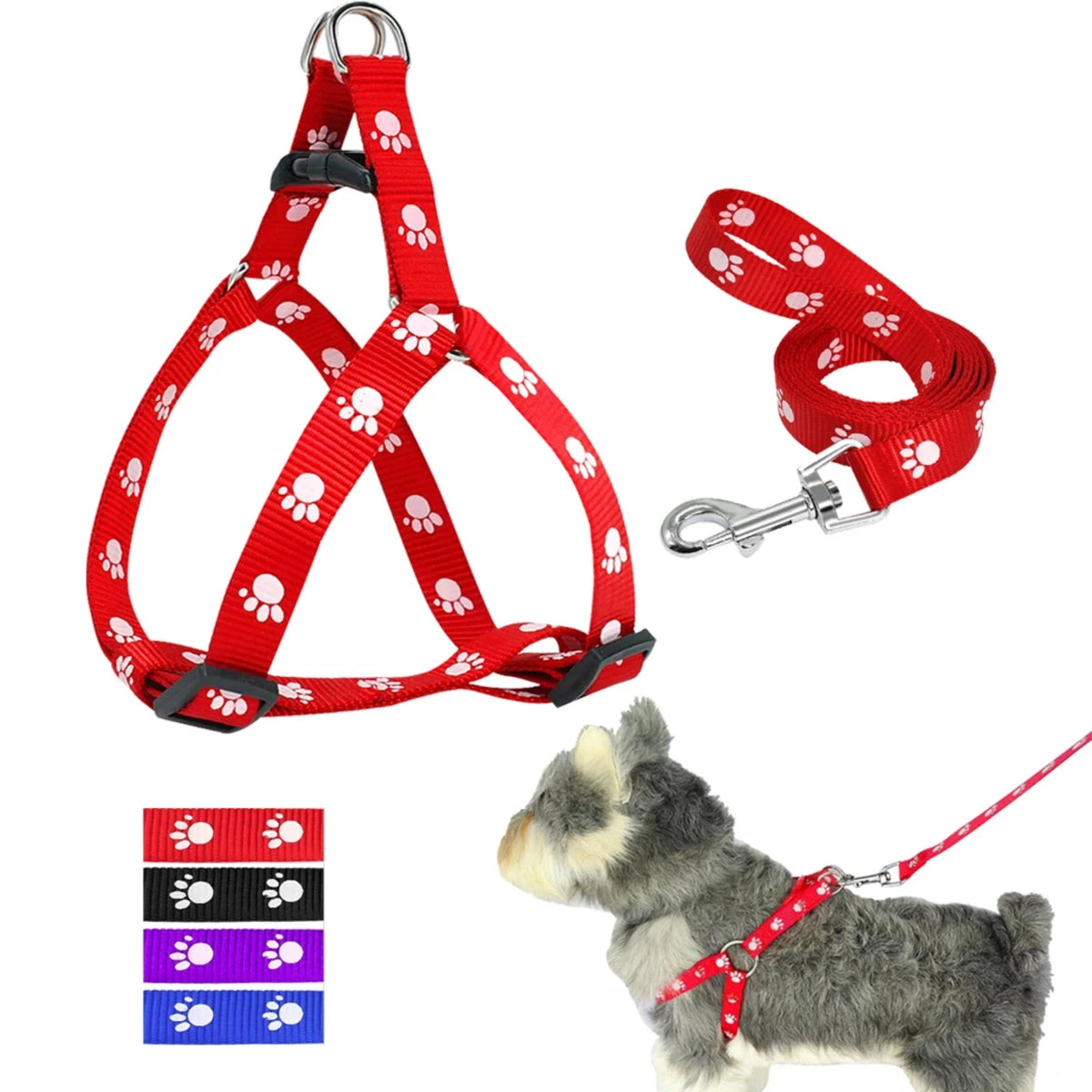 Adjustable Paw Print Nylon Dog Harness and Leash Set for Walking