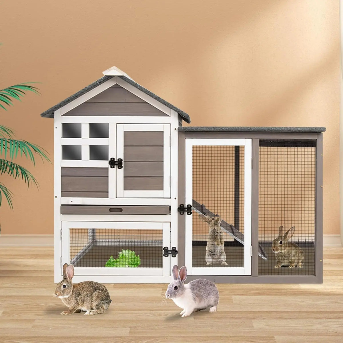 HiMISS Wooden Rabbit Hutch With Run And Removable Tray