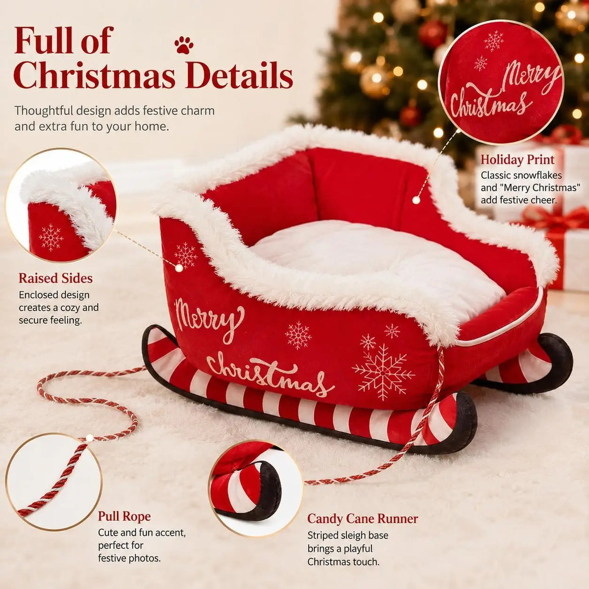 Christmas Dog Sleigh Bed With Plush Raised Sides For Pets
