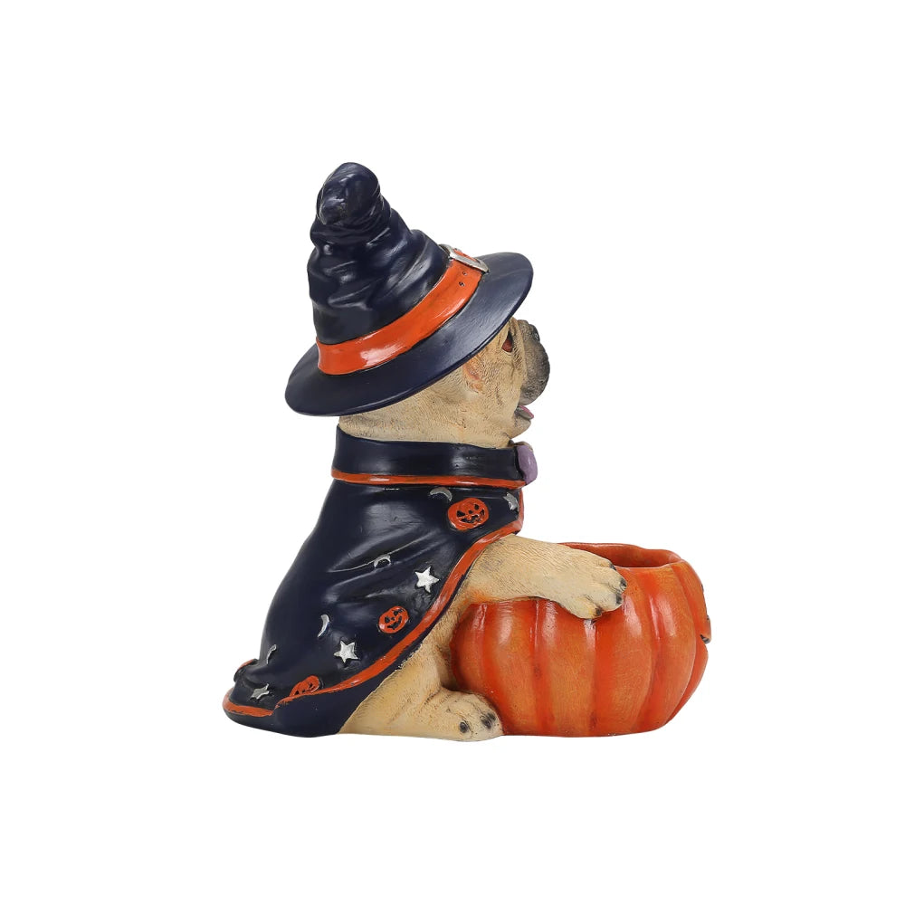 Halloween French Bulldog Witch Figurine With Pumpkin Candy Bowl Decor