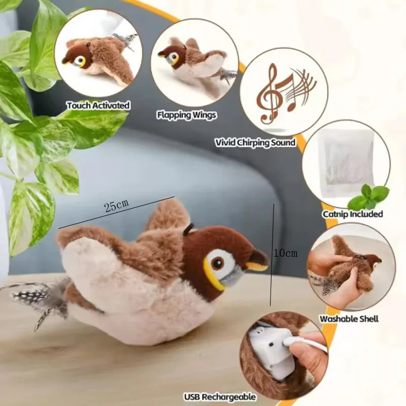 Interactive Touch Activated Chirping Flapping Bird Plush Cat Toy