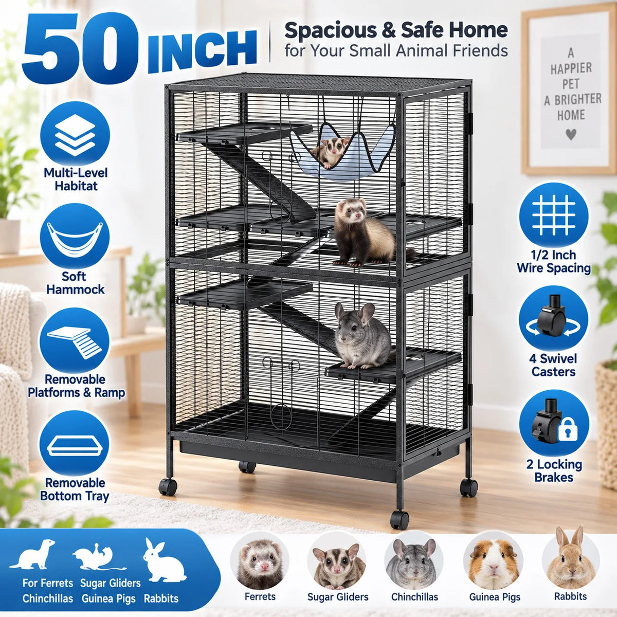Multi Level Small Animal Cage With Hammock Ramps And Tray