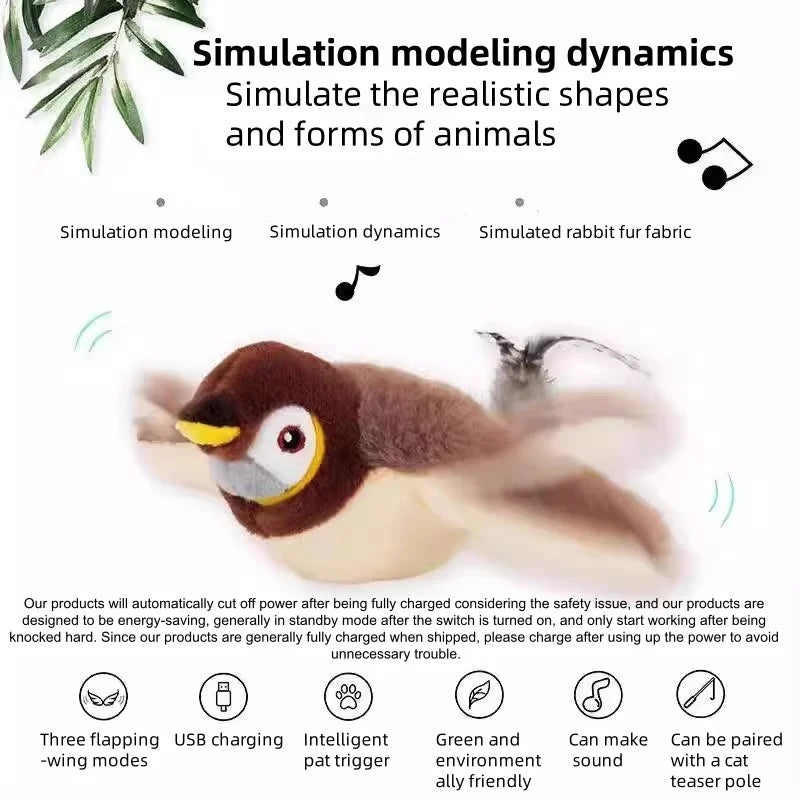 Interactive Touch Activated Chirping Flapping Bird Plush Cat Toy