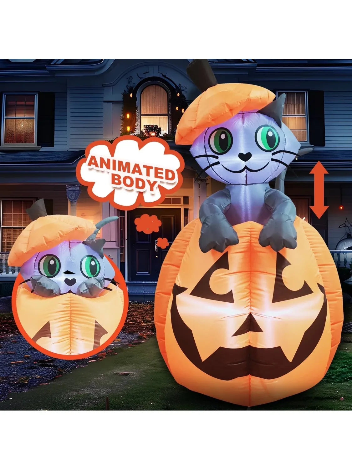 Joyfy Animated Cat On Pumpkin Halloween Inflatable Yard Decoration