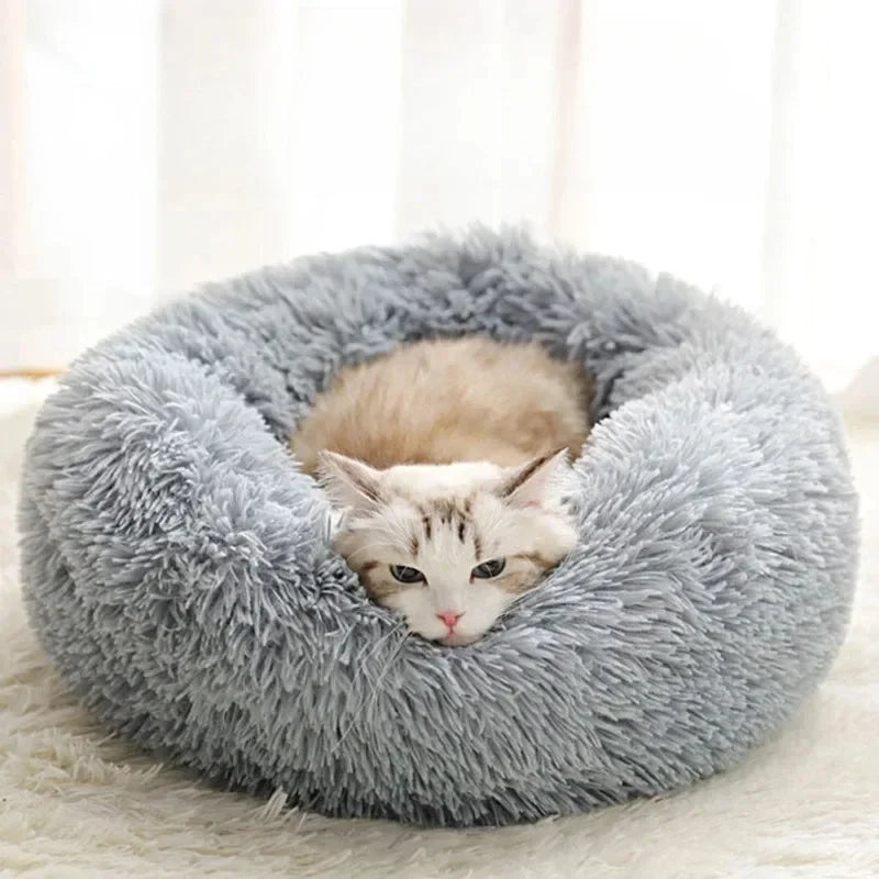 Soft Pet Cat Bed Pad Plush Warm Faux Fur Dog Calm Bed Donut Round Bed Comfortable Sleeping Washable for Small Medium Dog and Cat