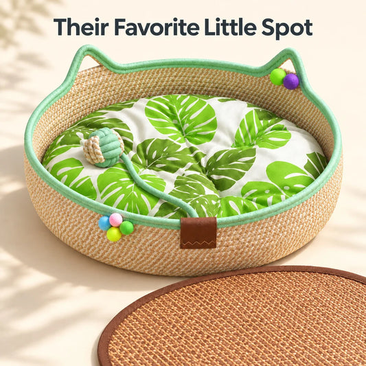 Woven Cat Bed For Indoor Cats Round Cat Basket With Cat Ear Design Cozy Cat Lounger For Kittens And Small Cats Indoor Pet Sleeping Basket For Napping And Relaxing