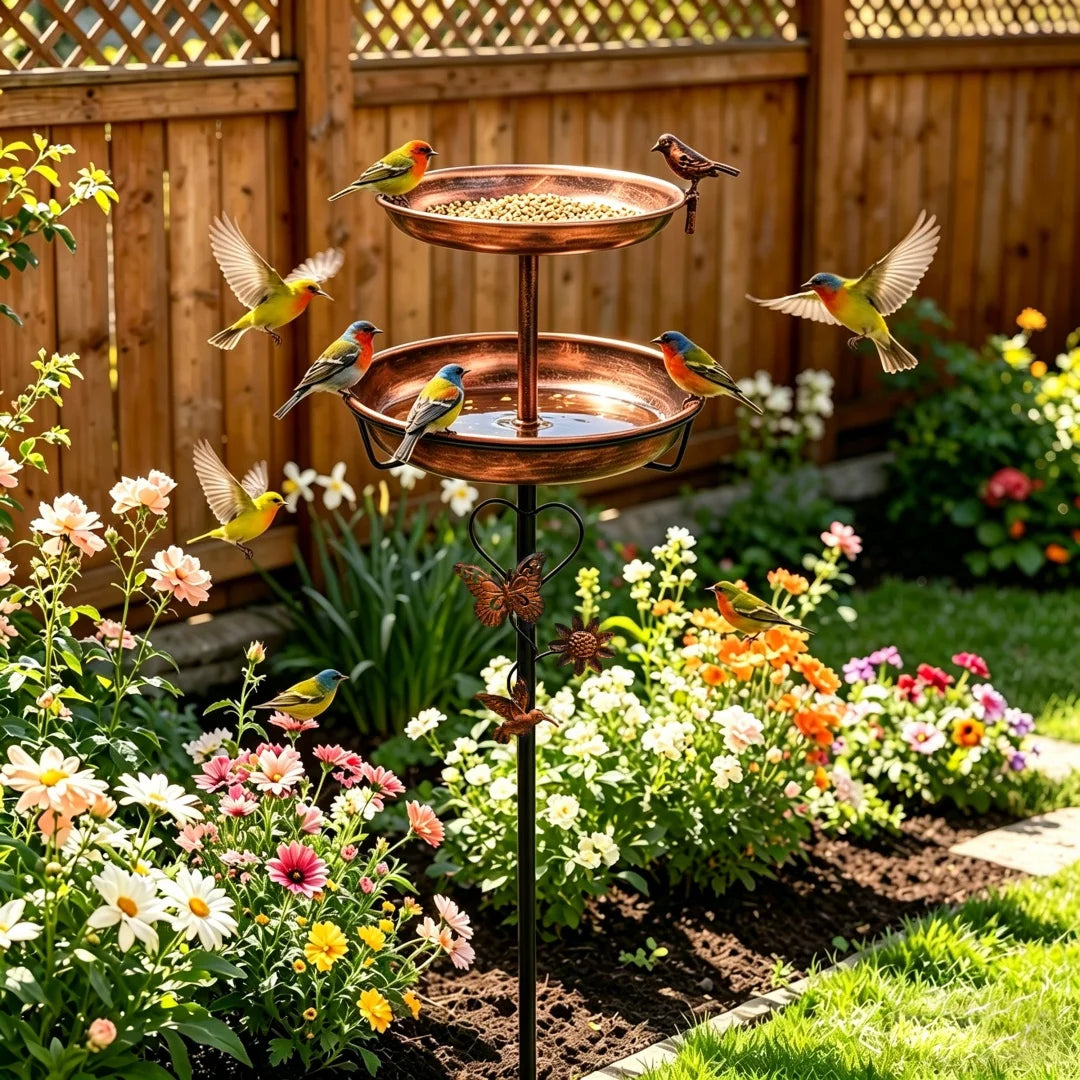 Freestanding Double Bowl Bird Bath and Feeder for Garden Decor