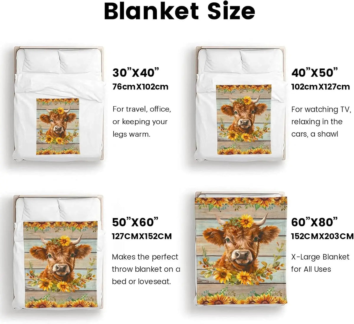 Highland Cow Sunflower Flannel Throw Blanket for Farmhouse Decor